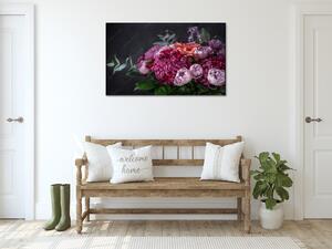 Obraz skleněný květinové aranžmá chryzantém, růží a eukalyptu - 30 x 60 cm