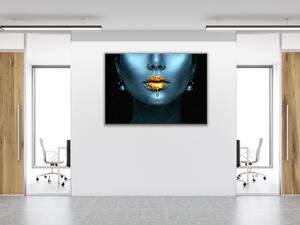 Obraz skleněný abstraktní ženská tvář zlaté rty - 30 x 60 cm