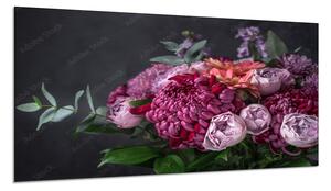 Obraz skleněný květinové aranžmá chryzantém, růží a eukalyptu - 60 x 90 cm