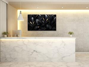 Obraz skleněný luxusní černé květy, zlaté detaily - 34 x 72 cm