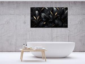 Obraz skleněný luxusní černé květy, zlaté detaily - 50 x 70 cm