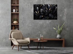 Obraz skleněný luxusní černé květy, zlaté detaily - 50 x 70 cm
