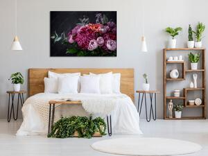 Obraz skleněný květinové aranžmá chryzantém, růží a eukalyptu - 30 x 60 cm