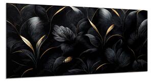 Obraz skleněný luxusní černé květy, zlaté detaily - 60 x 90 cm