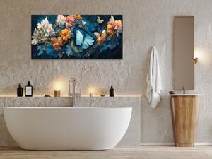 Obraz skleněný flora kombinace s motýlími květy - 34 x 72 cm