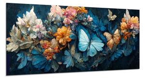 Obraz skleněný flora kombinace s motýlími květy - 50 x 100 cm