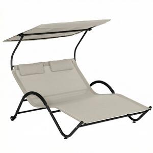Outsunny 2místné sluneční lehátko s nastavitelnou stříškou, opěrkami hlavy a kolečky — ocel/polyester, krémové — 200 × 137 × 138 cm | Aosom