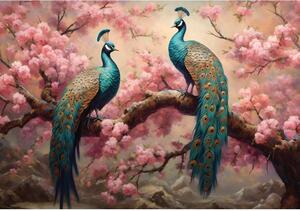 Postershop Fototapeta vliesová: Art Abstract Branches Flowers Birds Peacocks (1) - 152,5x104 cm