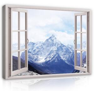 Postershop Obraz na plátně: 3D Effect Window Winter Mountains Landscape - 80x60 cm