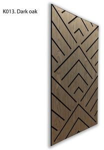 Samolepicí akustický panel s V-vzorem z tmavého dubu Freja 120 × 60 × 0,9 cm s diagonálou z pravé dýhy na stěnu
