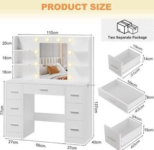 Kosmetický stolek se zrcadlem – stolek na líčení – rutina líčení – nastavitelné LED osvětlení – 110x40x137 cm – bílý
