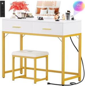 Toaletní stolek se zrcadlem – Nábytek do ložnice – Integrované osvětlení – Rozměry: 90 x 40 x 76 cm – Barva: zlatá