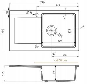 Sink Quality Ferrum, kuchyňský granitový dřez 770x450x190 mm + zlatý sifon, bílá, SKQ-FER.W.1KDO.XG