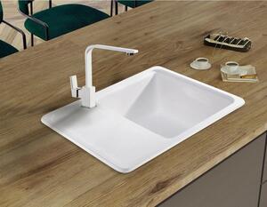 Sink Quality Sapphire, granitový kuchyňský dřez 565x460x210 mm + černý sifon, 1-komorový, bílá, SKQ-SAP.W.1KKO.XB