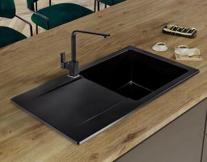Sink Quality Ferrum, kuchyňský granitový dřez 770x450x190 mm + zlatý sifon, černá, SKQ-FER.C.1KDO.XG