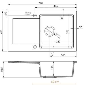 Sink Quality Ferrum, kuchyňský granitový dřez 770x450x190 mm + černý sifon, černá, SKQ-FER.C.1KDO.XB