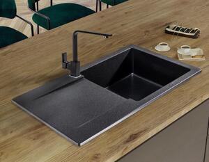 Sink Quality Ferrum, kuchyňský granitový dřez 770x450x190 mm + černý sifon, černá skvrnitá-BROCADE, SKQ-FER.B.1KDO.XB