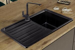 Sink Quality Sapphire, kuchyňský granitový dřez 755x460x190 mm + černý sifon, černá, SKQ-SAP.C.1KDO.XB