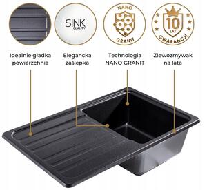 Sink Quality Sapphire, kuchyňský granitový dřez 755x460x190 mm + černý sifon, černá skvrnitá-BROCADE, SKQ-SAP.B.1KDO.XB