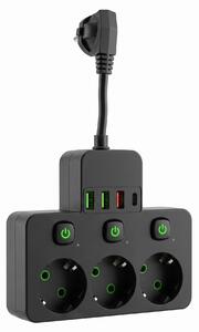 Toolight Toolight, JNH018, zásuvkový rozbočovač 3 zásuvky + 3× USB-A + USB-C s LED světlem, černá, OSW-56307