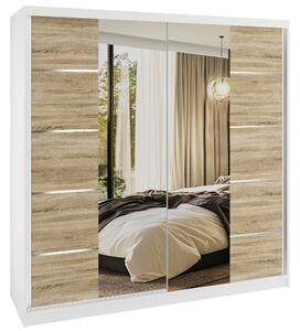 Šatní skříň SERENITY 200 cm Belini bílý mat / dub sonoma s posuvnými dveřmi a zrcadlem ME