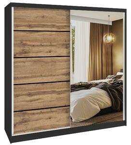 Šatní skříň SERENITY 200 cm Belini černý mat / dub wotan s posuvnými dveřmi a zrcadlem MBP