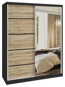 Šatní skříň SERENITY 133 cm Belini černý mat / dub sonoma s posuvnými dveřmi a zrcadlem MBP