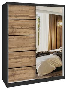 Šatní skříň SERENITY 133 cm Belini černý mat / dub wotan s posuvnými dveřmi a zrcadlem MBP