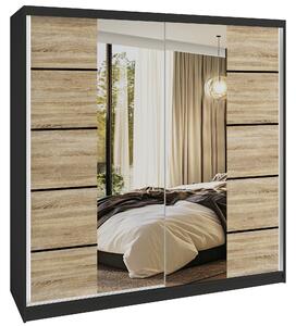 Šatní skříň SERENITY 200 cm Belini černý mat / dub sonoma s posuvnými dveřmi a zrcadlem ME