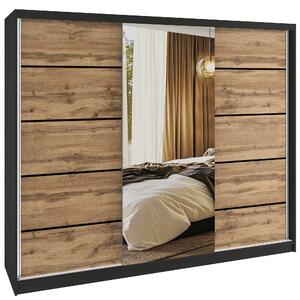 Šatní skříň SERENITY 232 cm Belini černý mat /dub wotan s posuvnými dveřmi a zrcadlem MBP