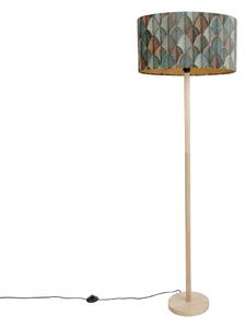 Dřevěná stojací lampa s oválným sametovým stínidlem s motivem listů 50 cm - Mels
