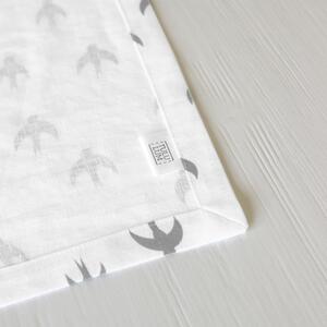 TULULUM Prostírání / běhoun lněný, s šedým autorským potiskem BIRDS,45 x 140 cm