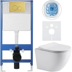 Kompletní WC set Profi/Cesso - bílá lesklá - WC tlačítko Duo/Zlatá - předstěnová instalace - 49x36 cm