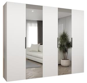 Šatní skříň se zrcadlem MARBELLA 2, otočné dveře, tyč, 250×202×52, bílá mat / černé