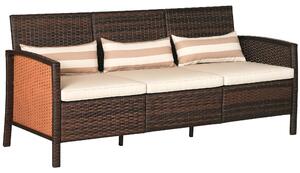 Outsunny Ratanová pohovka s polstry, pro 3 osoby, zahradní lounge pohovka, ocel, hnědá, 173 x 68 x 78 cm | Aosom