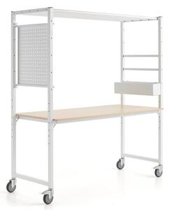 AJ Produkty Mobilní multifunkční stůl TEAMWORK, box na příslušenství, perforovaný panel, bílá/bříza