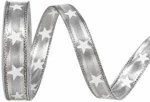 Vánoční stuha WHITE STARS stříbrná lurexová s bílými hvězdami 15mm x 20m