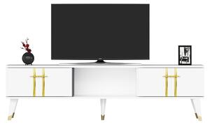 Elegantní televizní stolek, bílý a zlatý, 150 cm, povrch potažený melaminem