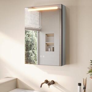 Zrcadlová skříňka s LED osvětlením, rozměry 48,5 x 70 cm, šedá barva, s úložným prostorem na kosmetiku, s funkcí proti zamlžování a s regulovatelným světlem