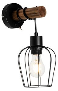 Venkovská nástěnná lampa černá se dřevem - Stronk