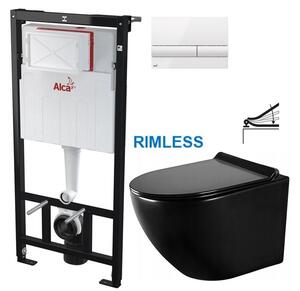 ALCADRAIN Sádromodul - předstěnový instalační systém s bílým tlačítkem M1710 + WC MEXEN LENA ČERNÁ Rimless + SEDÁTKO AM101/1120 M1710 ME01