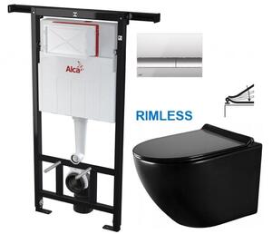 ALCADRAIN Jádromodul - předstěnový instalační systém s chromovým tlačítkem M1721 + WC MEXEN LENA ČERNÁ Rimless + SEDÁTKO AM102/1120 M1721 ME01