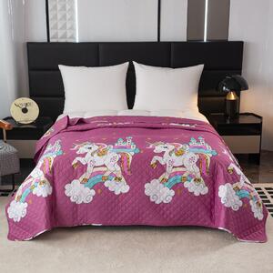 Přehoz na postel se vzorem JEDNOROŽEC fialový Rozměr: 220 x 240 cm