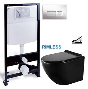 PRIM předstěnový instalační systém s chromovým tlačítkem 20/0041 + WC MEXEN LENA ČERNÁ Rimless + SEDÁTKO PRIM_20/0026 41 ME01