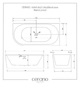 CERANO - Volně stojící akrylátová vana Bianco, pravá - bílá lesklá - 170x80 cm
