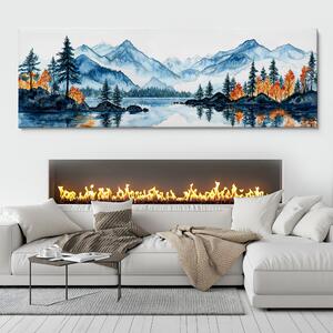 Obraz na plátně - Malé smrčky u jezera pod horskými hřbety FeelHappy.cz Velikost obrazu (šířka x výška): 60 x 20 cm