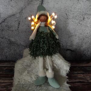 Textilní panenka- anděl se svítícími křídly, zelená- 40 cm