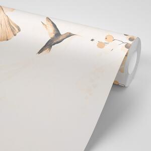 Samolepící tapeta listy s kolibříky v odstínu Peach Fuzz