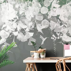 Samolepící tapeta šedo-zelené listy s kolibříky