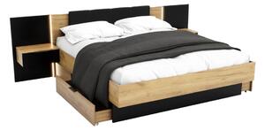 Manželská postel DOTA + rošt a deska s nočními stolky, 160x200, dub Kraft zlatý/černá